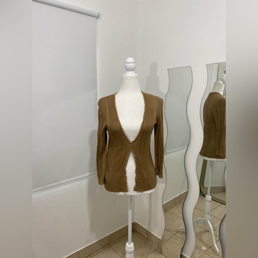 Tan Cardigan Sweater with Deep V-Neck and Long Sleeves